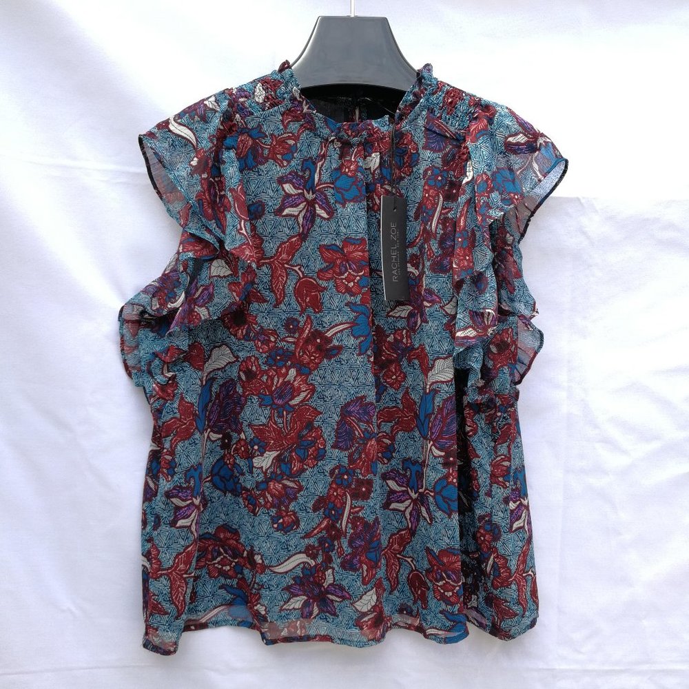 (NWT)RACHEL ZOE Ruffle Neck Sleeveless Top Women Size: M/Blue